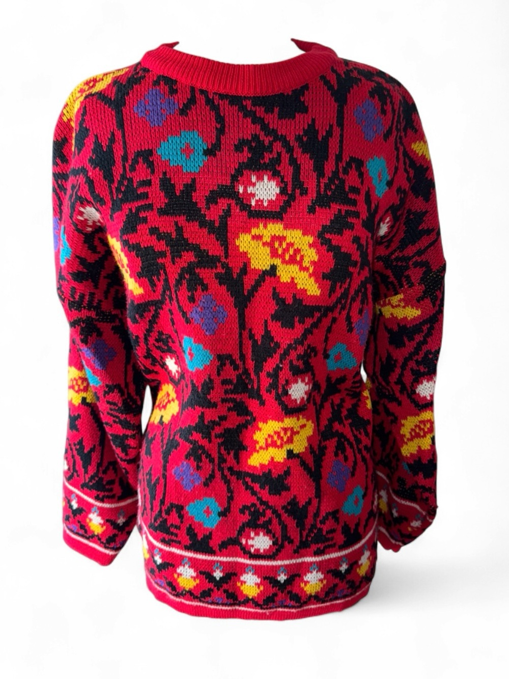 Vintage Chateau 90s Y2K Vibrant Red Jungle Floral Knit Women’s Sweater Sz Large